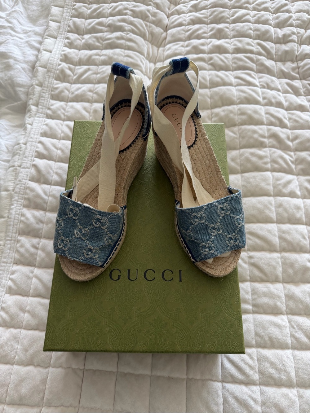 Gucci Denim Blue GG Canvas Espadrille Wedge Sandals with Ivory Ties